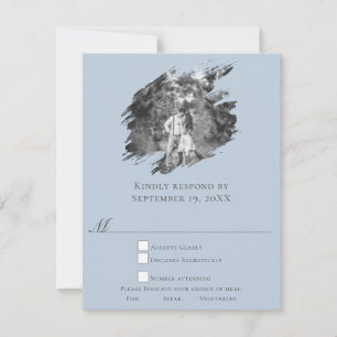 Cartão RSVP Casamento Foto com Pincelada Moderna Azul
