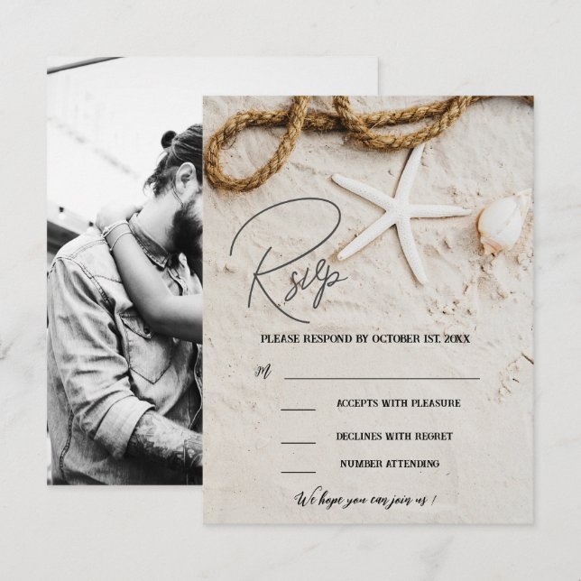 Cartão RSVP Casamento Fotográfico Praiano Tropical Rústico Cos (Frente/Verso)