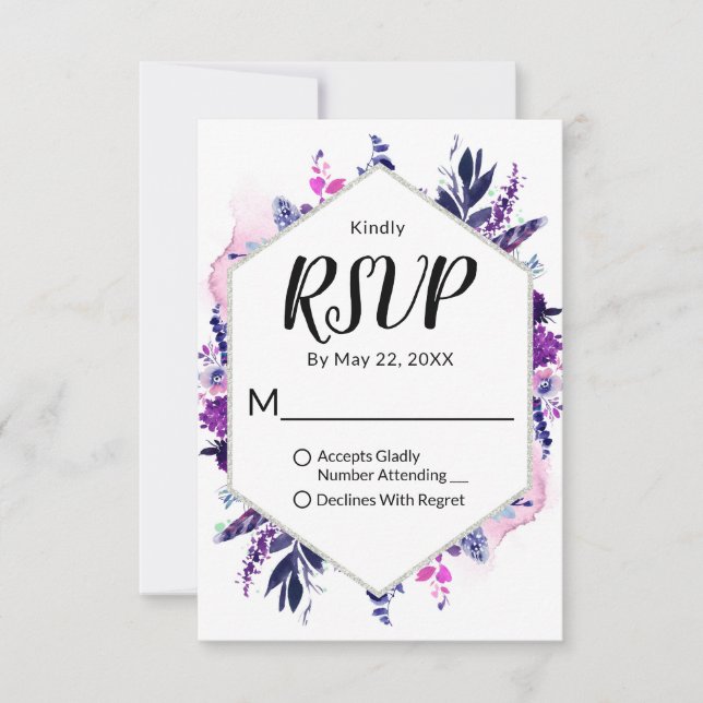 Cartão RSVP Casamento Fracionado Com Violeta Floral Hexágono E (Frente)