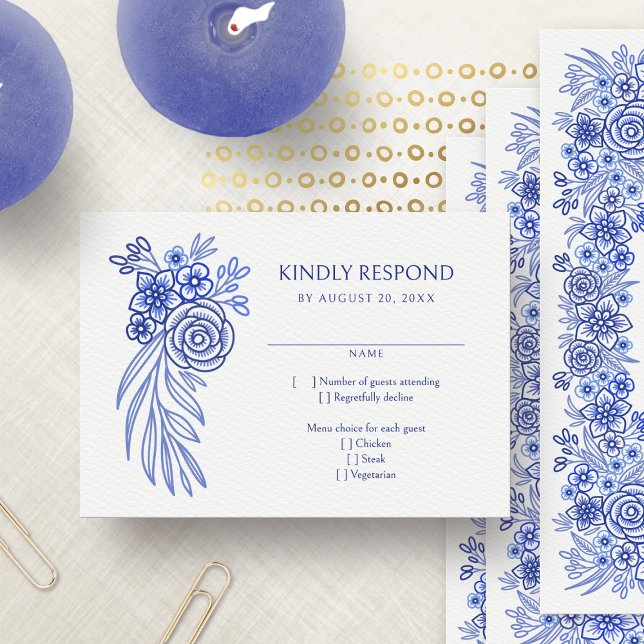 Cartão RSVP Casamento Francês Azul Floral (Criador carregado)
