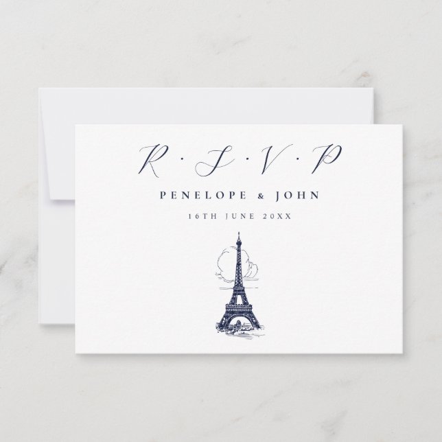 Cartão RSVP Casamento Francês Ilustração Torre Eiffel (Frente)