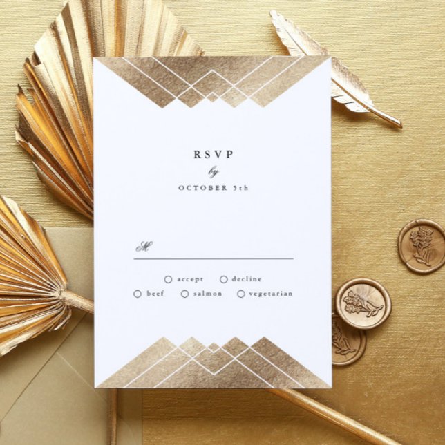 Cartão RSVP Casamento Gatsby Dourado Roxo Geométrico (Criador carregado)