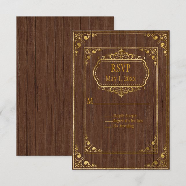 Cartão RSVP Casamento Gay Casamento de Madeira Marrom e Dourad (Frente/Verso)