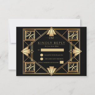 Cartão RSVP Casamento Geométrico Art Déco Vintage Preto e Dour