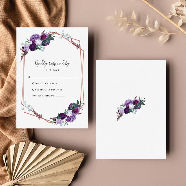 Cartão RSVP Casamento Geométrico Botânico Púrpura Floral (Purple Floral Geometric Wedding RSVP Enclosure Card)