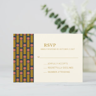 Cartão RSVP Casamento Geométrico Botânico Retro Dourado Marinh