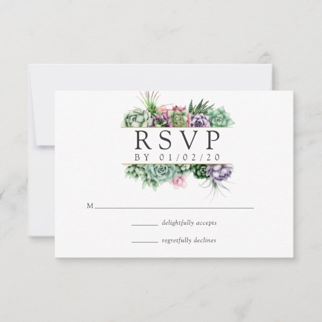 Cartão RSVP Casamento Geométrico com Succulento em Aquarela (Frente)