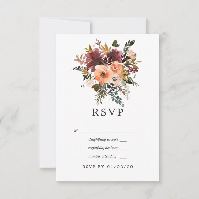 Cartão RSVP Casamento Geométrico de Borgonha e Peach Floral (Frente)