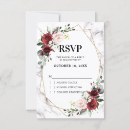 Cartão RSVP Casamento Geométrico de Mármore Floral Borgonha