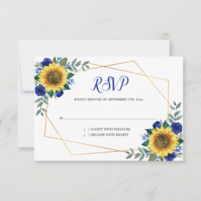 Cartão RSVP Casamento Geométrico de Sunflower Blue Floral (Frente)