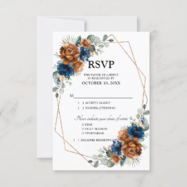 Cartão RSVP Casamento Geométrico de Terracota Azul Marinho Ver