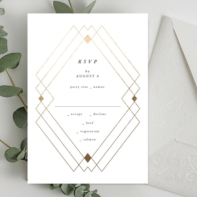 Cartão RSVP Casamento Geométrico Deco Gatsby Dourado com Branc (Criador carregado)