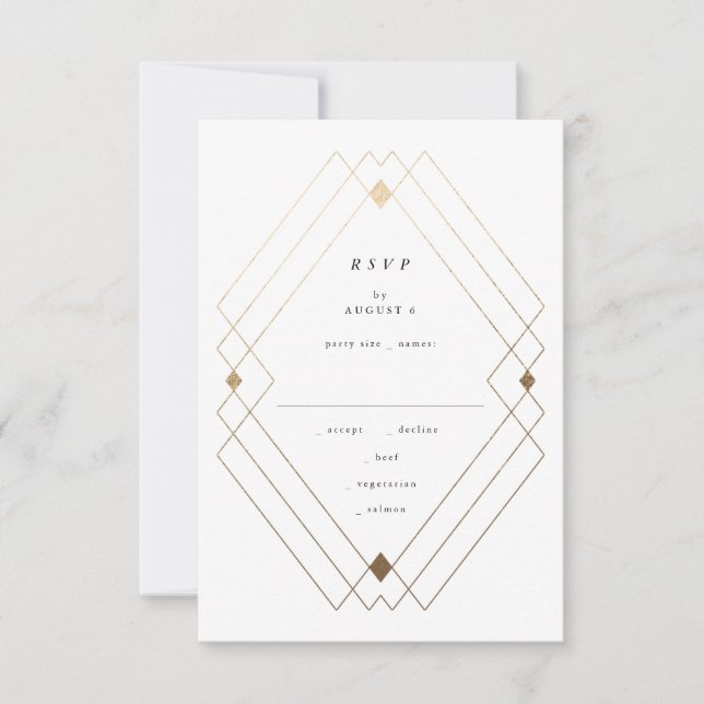 Cartão RSVP Casamento Geométrico Deco Gatsby Dourado Negro Dia (Frente)