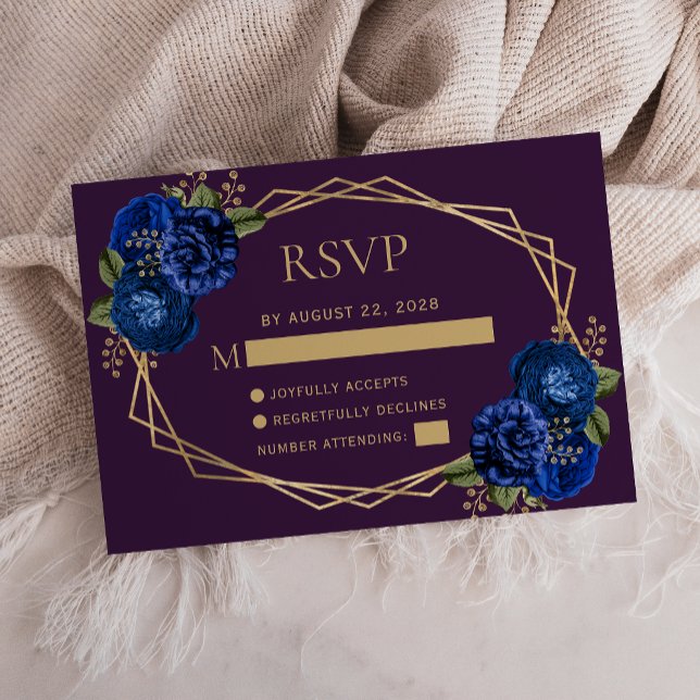 Cartão RSVP Casamento Geométrico Dourado Azul Roxo (Criador carregado)