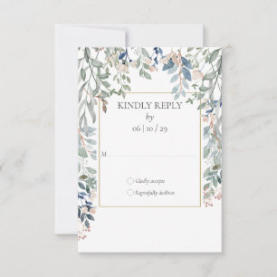 Cartão RSVP Casamento Geométrico Dourado com Folhagem Floral