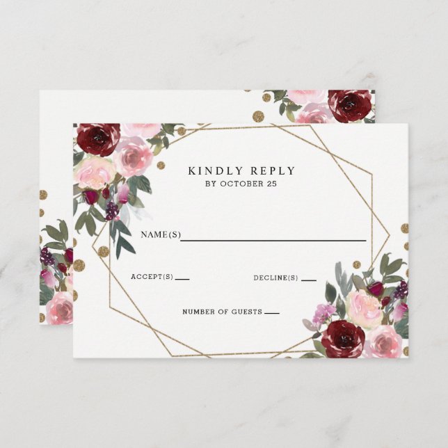 Cartão RSVP Casamento Geométrico Dourado da Floral Burgundy (Frente/Verso)