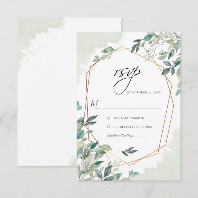 Cartão RSVP Casamento Geométrico Dourado de Eucalyptus Greener (Frente/Verso)