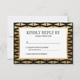 Cartão RSVP Casamento Geométrico Dourado e Preto Moderno