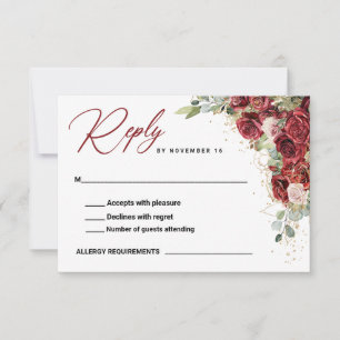 Cartão RSVP Casamento Geométrico Dourado Floral da Borgonha
