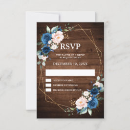 Cartão RSVP Casamento Geométrico em Azul Naval Bege Madeira Rú