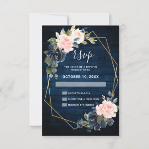 Cartão RSVP Casamento Geométrico em Madeira Rústica Azul Marin