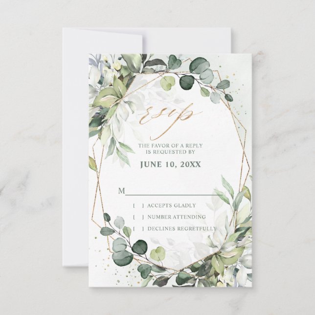 Cartão RSVP Casamento Geométrico Eucalyptus Sage Greenery Mode (Frente)