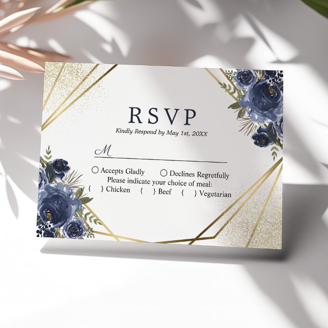 Cartão RSVP Casamento Geométrico Floral Azul Marinho Dourado (Criador carregado)