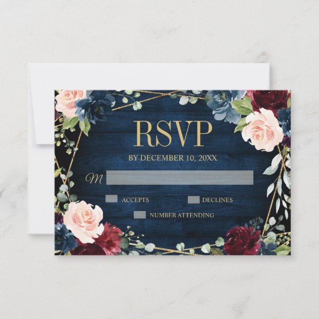 Cartão RSVP Casamento Geométrico Floral de Blush Marinho Burgu (Frente)