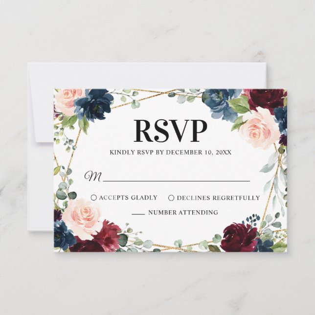 Cartão RSVP Casamento Geométrico Floral de Blush Marinho Burgu (Frente)