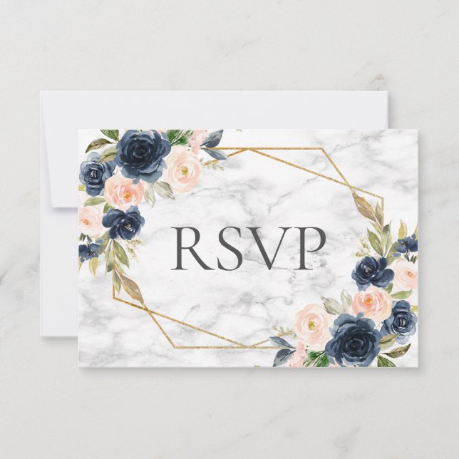 Cartão RSVP Casamento Geométrico Floral do Mármaco Azul-marinh (Frente)