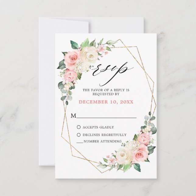 Cartão RSVP Casamento Geométrico Floral do Rosa de Blush Paste (Frente)