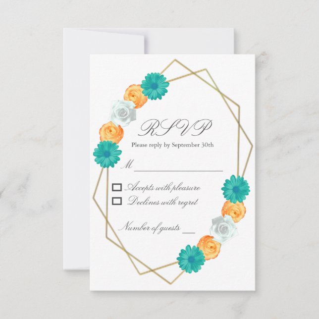 Cartão RSVP Casamento Geométrico Laranja Teal Floral (Frente)