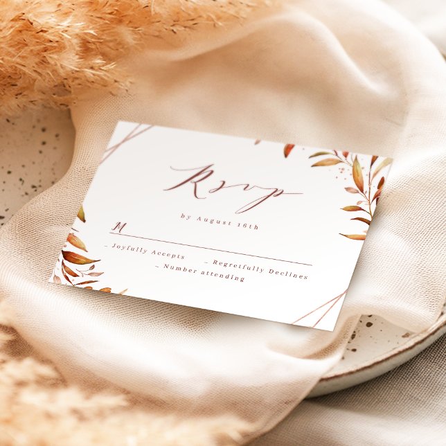 Cartão RSVP Casamento Geométrico Russo de Queda Moderna (Modern Fall Greenery Geometric Rustic Wedding RSVP Card)
