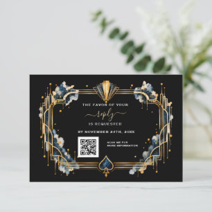 Cartão RSVP Casamento Glam QR Code Cassino Ouro Preto Art Déco