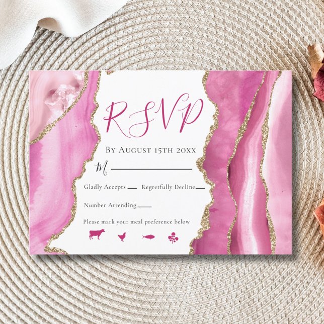Cartão RSVP Casamento Glamoroso De Pedra Rosa E Dourada (Criador carregado)