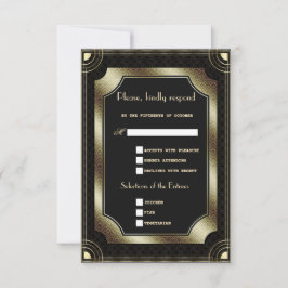 Cartão RSVP Casamento Glamouroso Dourado Preto Grande Art Déco