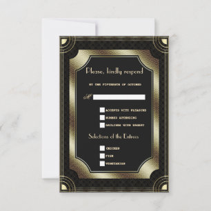 Cartão RSVP Casamento Glamouroso Dourado Preto Grande Art Déco