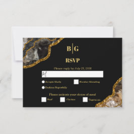Cartão RSVP Casamento Glitter de Geodo de Agato Preto e Dourad