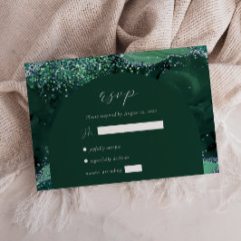 Cartão RSVP Casamento Glitter de Prata do Arco Verde Emerald