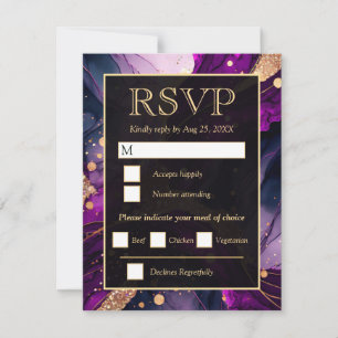 Cartão RSVP Casamento Glitter Roxo Dourado Elegante de Ágata