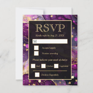 Cartão RSVP Casamento Glitter Roxo Elegante com Ágata Dourada