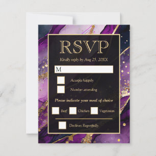 Cartão RSVP Casamento Glitter Roxo Elegante com Ágata Dourada