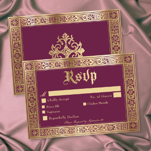 Cartão RSVP Casamento Gótico Borgonha Dourado Medieval Até a M