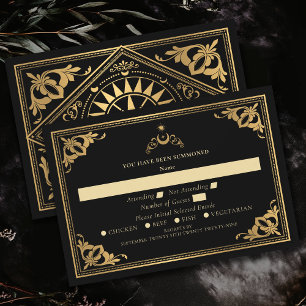 Cartão RSVP Casamento Gótico de Arte Celestial Dourada Nouveau