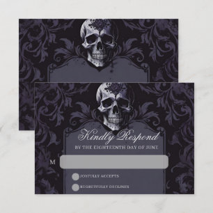 Cartão RSVP Casamento Gótico de Elegância Roxo Boho Skull