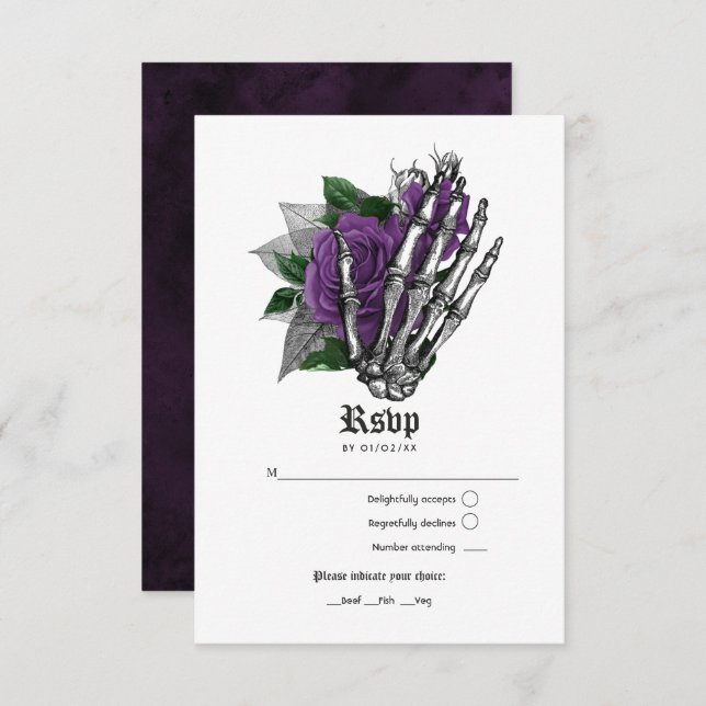 Cartão RSVP Casamento Gótico de Esqueleto Floral Roxo (Frente/Verso)
