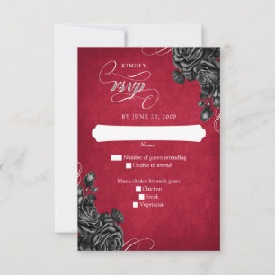 Cartão RSVP Casamento Gótico de Rosas Negras Vermelhas
