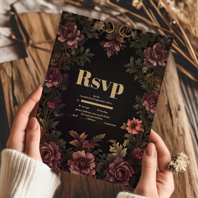 Cartão RSVP Casamento Gótico Floral Floral Vitoriano Real (Criador carregado)