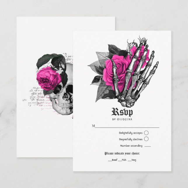 Cartão RSVP Casamento Gótico Floral Rosa-Quente (Frente/Verso)