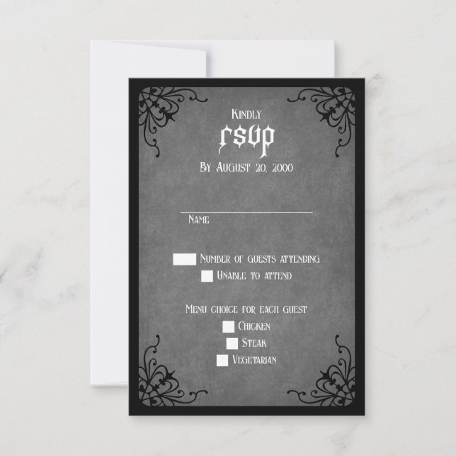 Cartão RSVP Casamento Gótico Negro cinza (Frente)